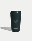 Hedoniq charcoal (black) reusable travel cup with minimalist coffee branch design.