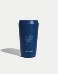 Hedoniq navy reusable travel cup with minimalist coffee branch design.