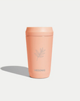 Hedoniq peach reusable travel cup with minimalist coffee branch design.