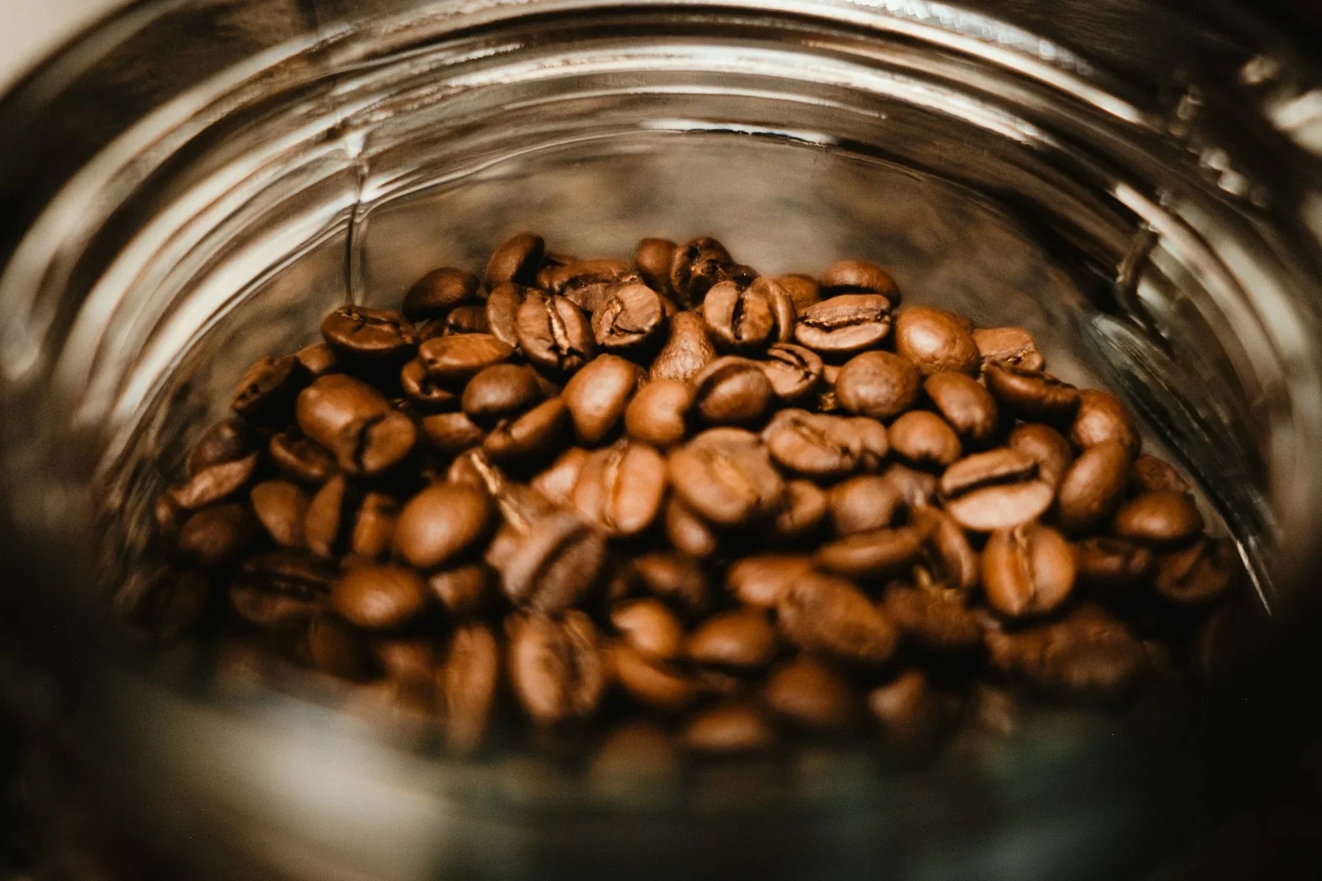 Close-up of roasted coffee beans in a glass jar, representing Hedoniq’s focus on specialty coffee.