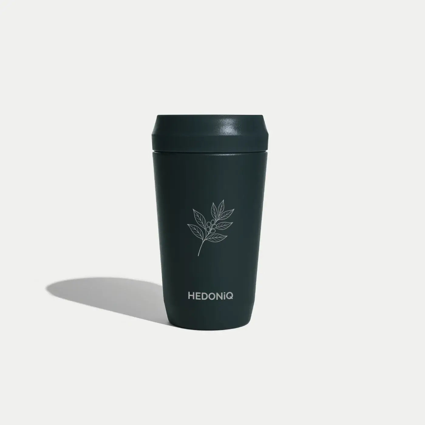 Hedoniq charcoal (black) reusable travel cup with minimalist coffee branch design.