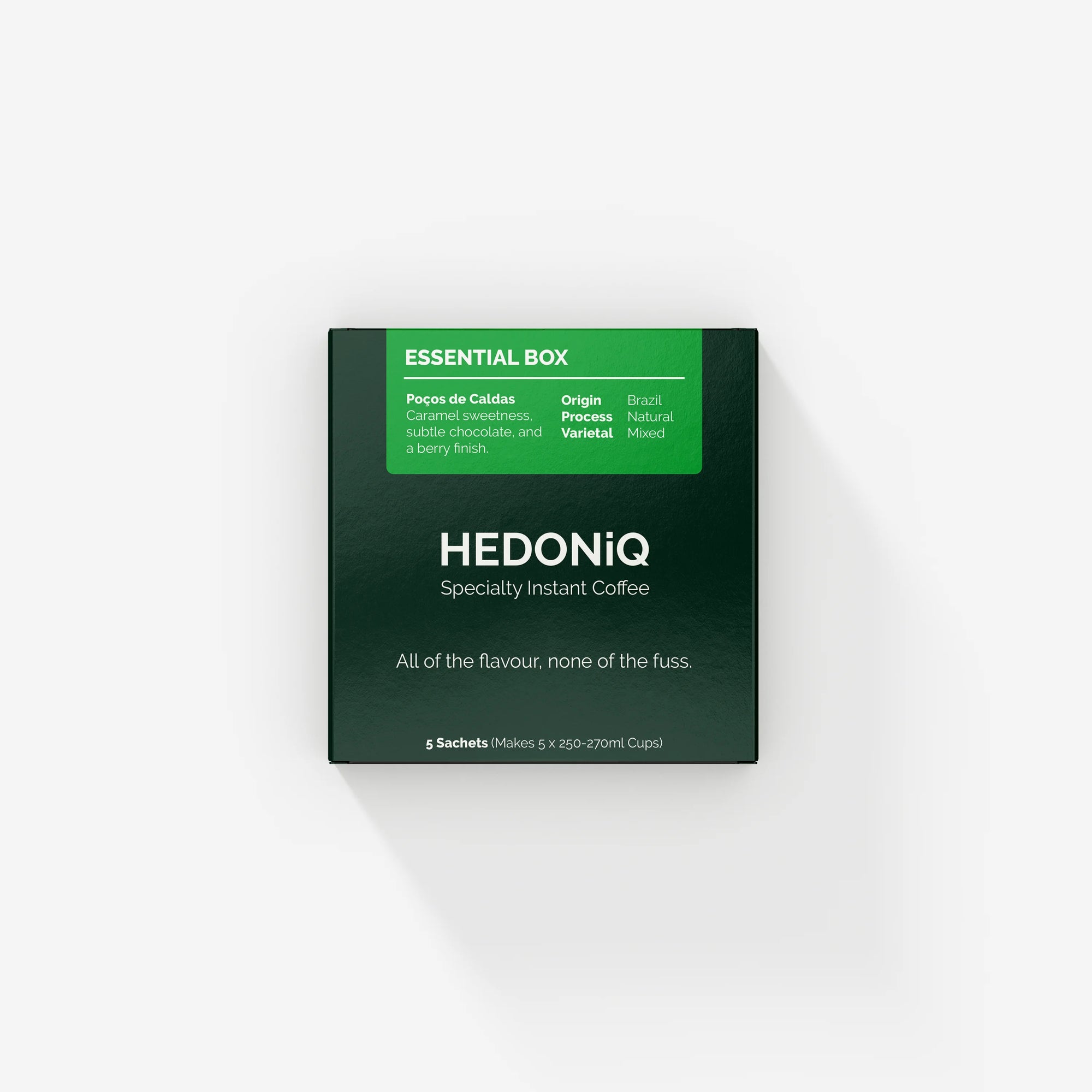 Hedoniq Essential Box with five specialty instant coffee sachets.